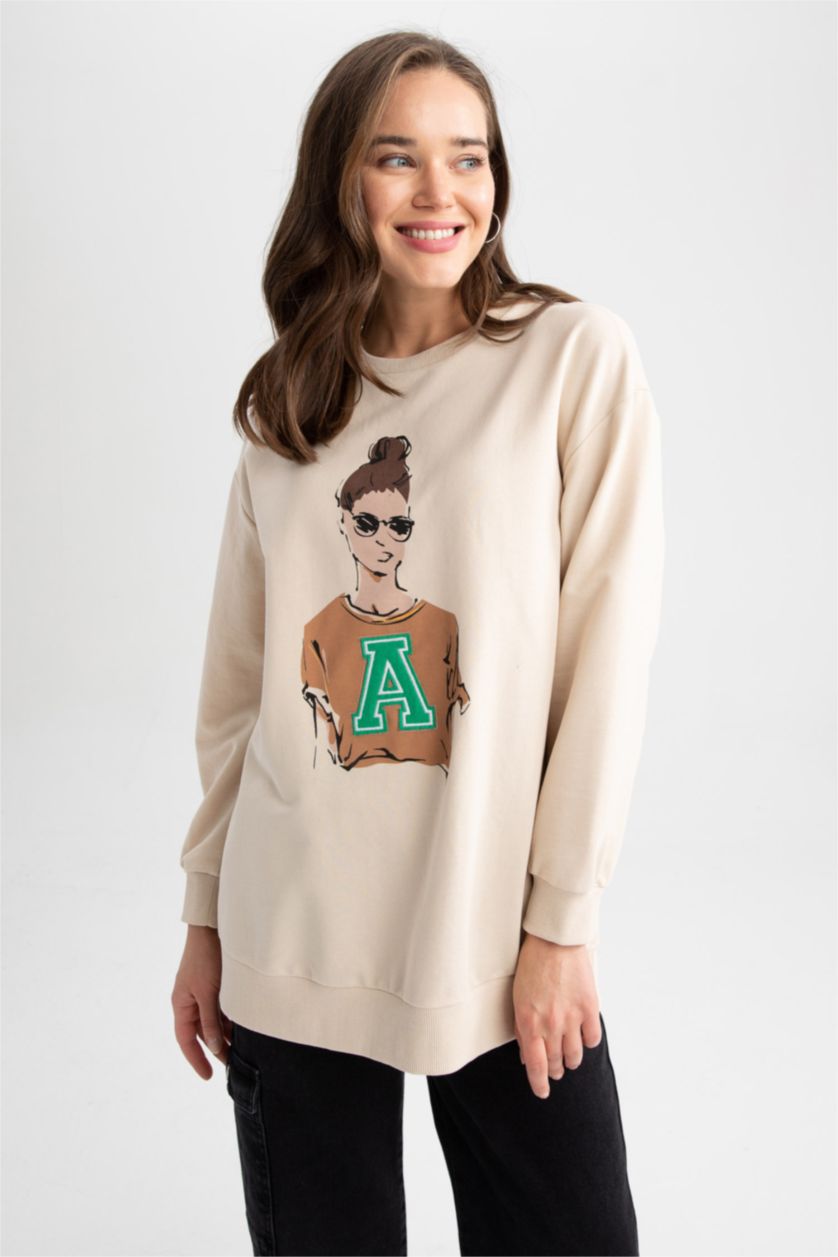 FEMME Beige Tunique Molletonnée İmprimée À Col Ras Du Cou Et Coupe Décontractée