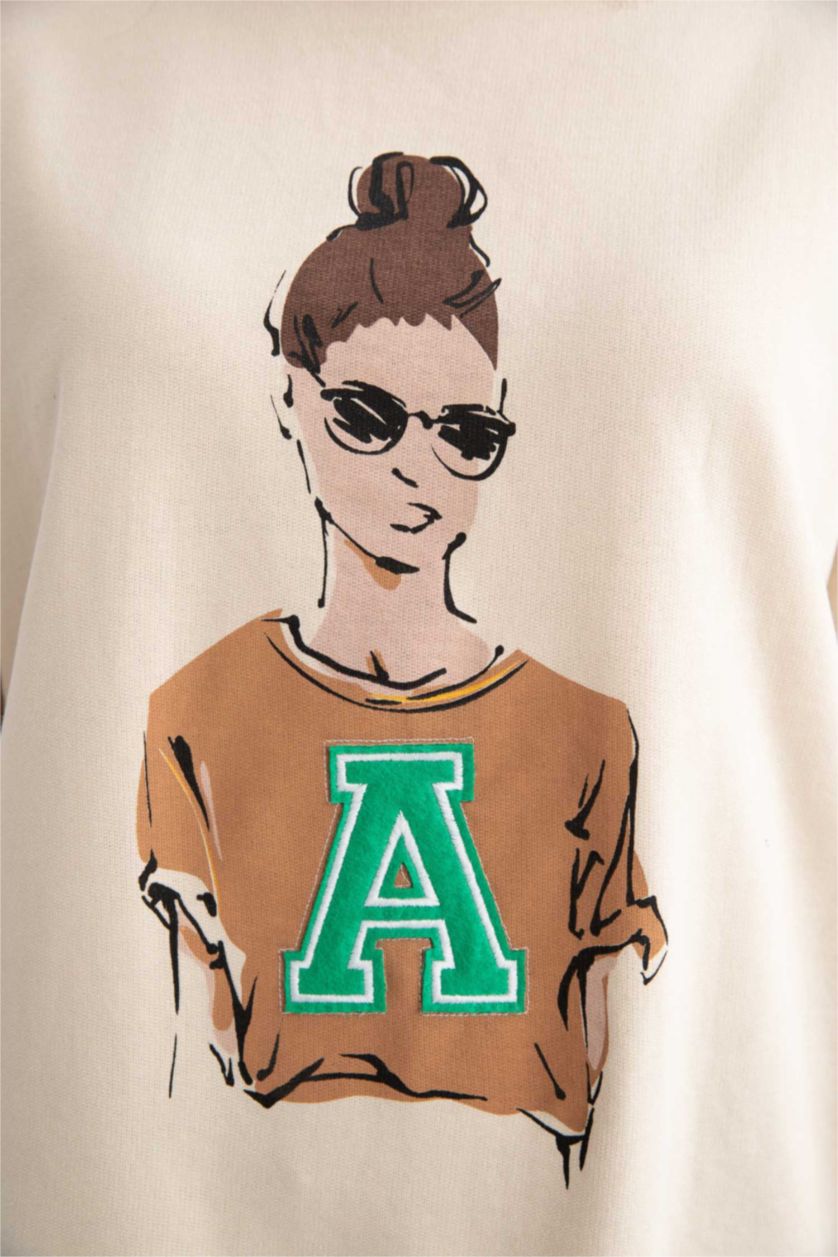 FEMME Beige Tunique Molletonnée İmprimée À Col Ras Du Cou Et Coupe Décontractée