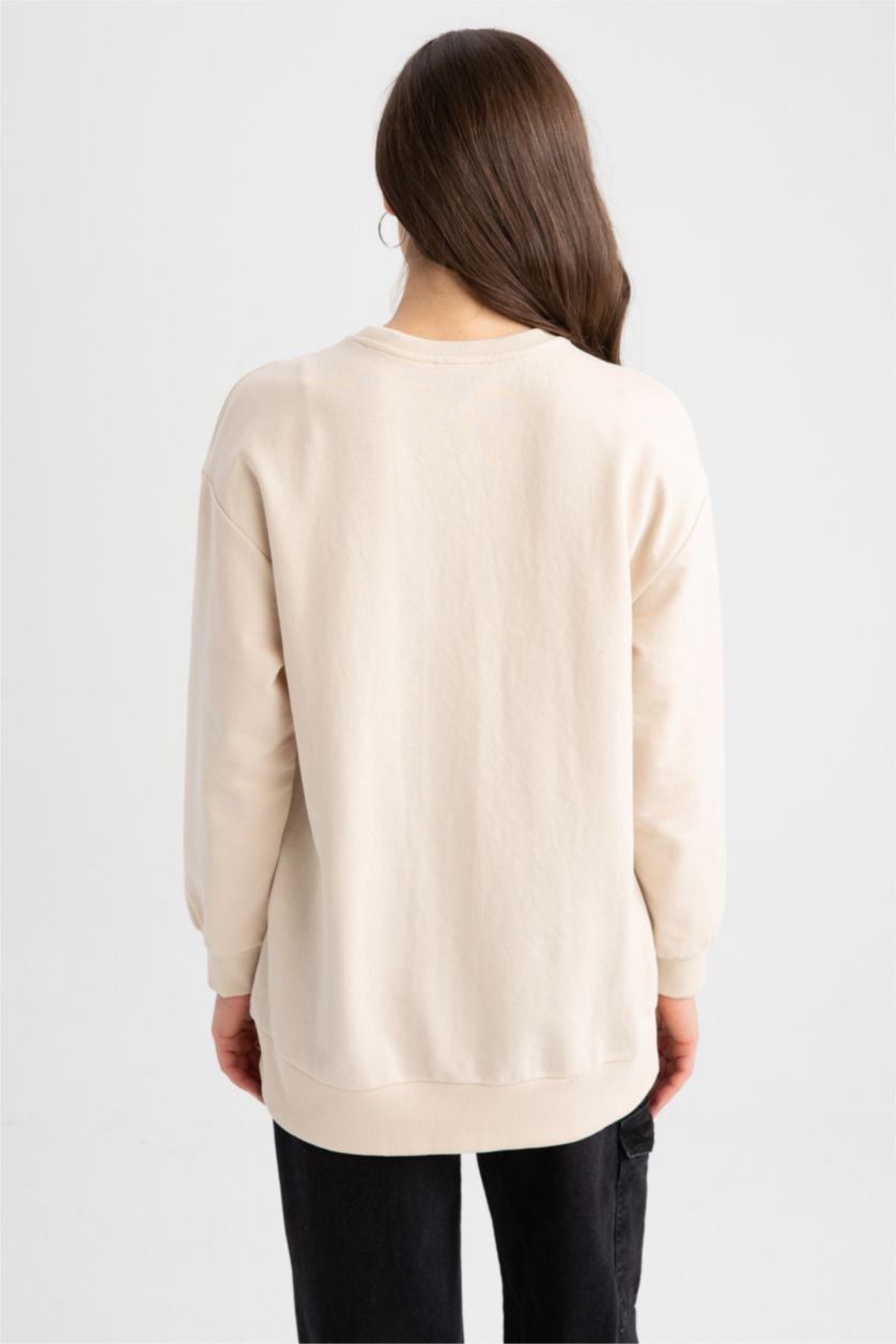 FEMME Beige Tunique Molletonnée İmprimée À Col Ras Du Cou Et Coupe Décontractée