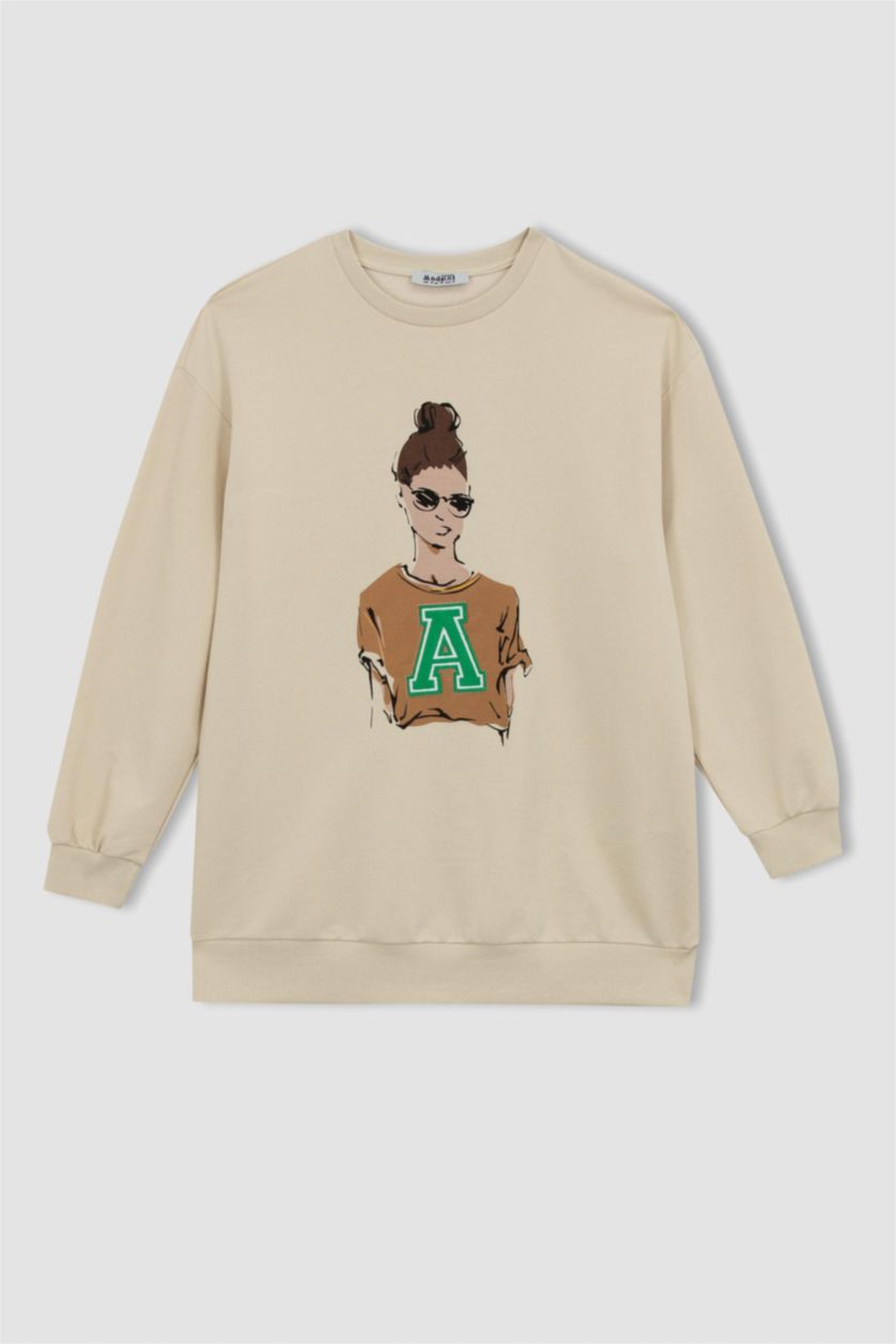 FEMME Beige Tunique Molletonnée İmprimée À Col Ras Du Cou Et Coupe Décontractée