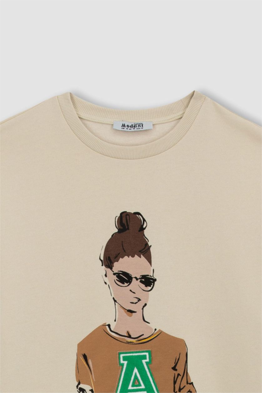 FEMME Beige Tunique Molletonnée İmprimée À Col Ras Du Cou Et Coupe Décontractée