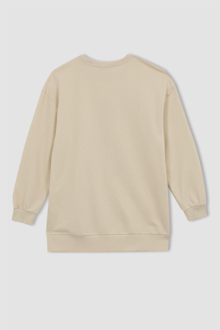 FEMME Beige Tunique Molletonnée İmprimée À Col Ras Du Cou Et Coupe Décontractée