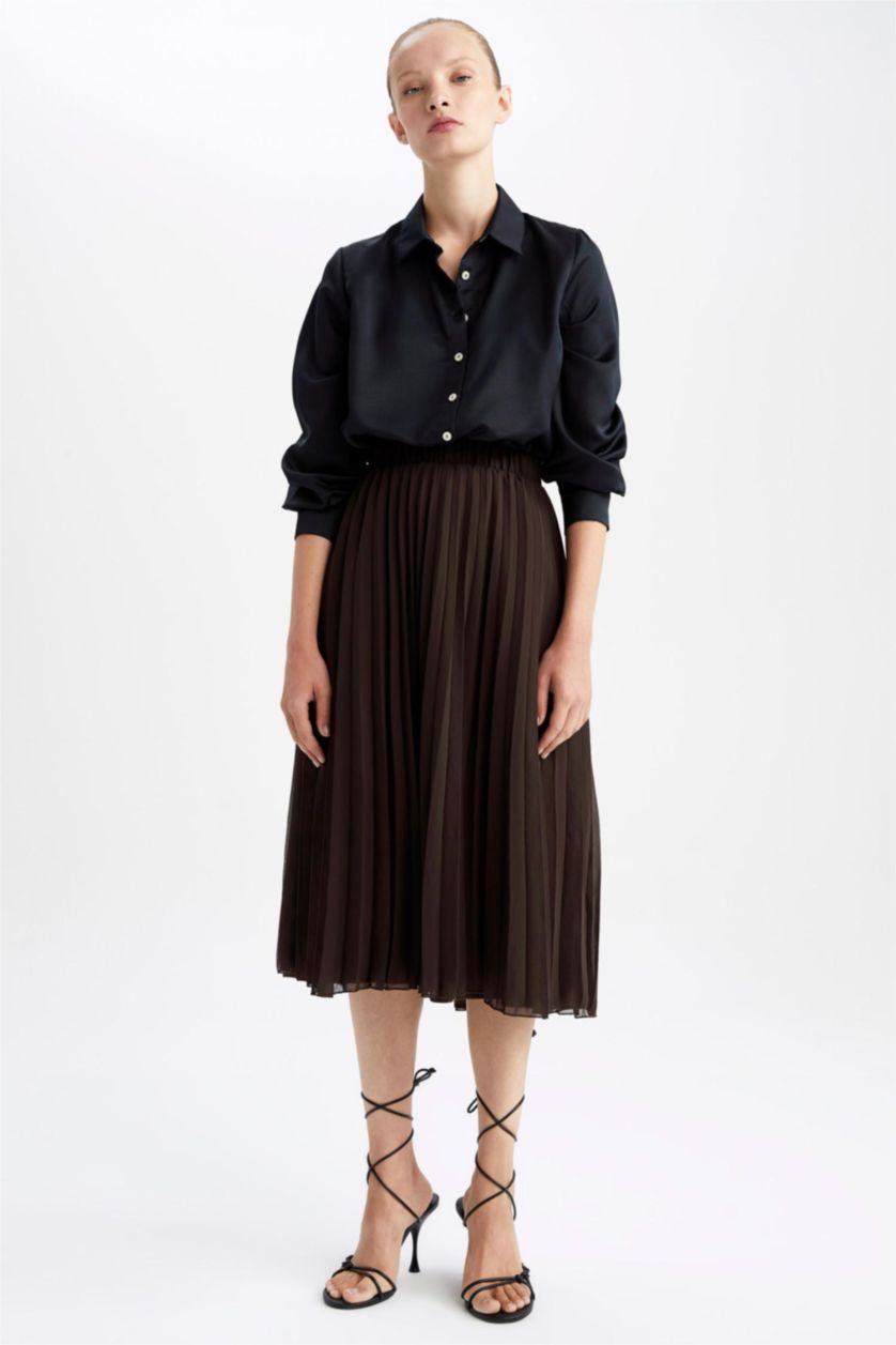 نساء بني تنورة ميدي شيفون بكسرات بخصر مطاطي قصة A