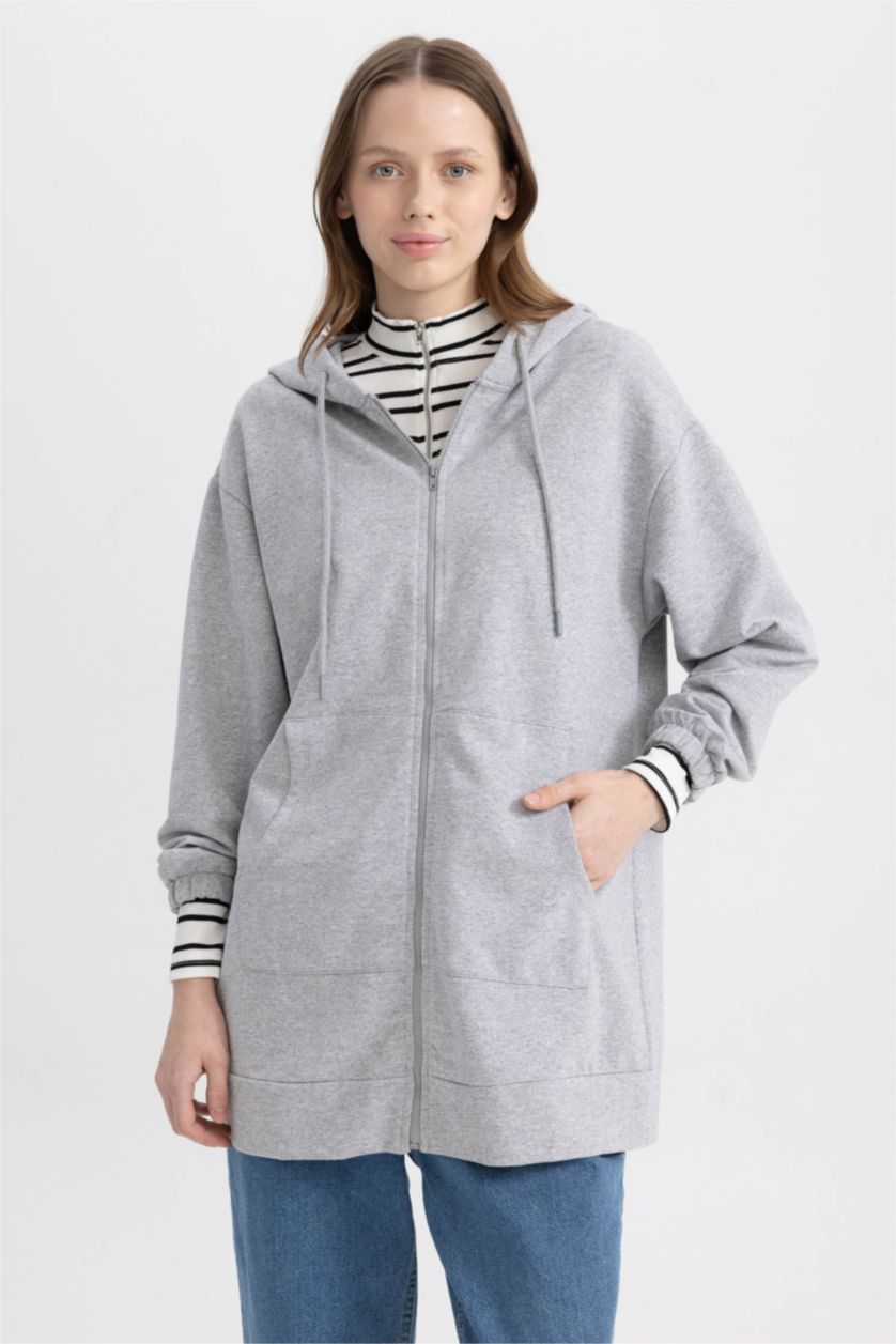 WOMAN Grey Melange Relax Fit Hooded Cardigan