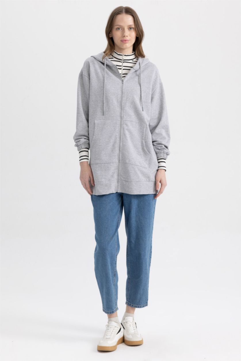 WOMAN Grey Melange Relax Fit Hooded Cardigan