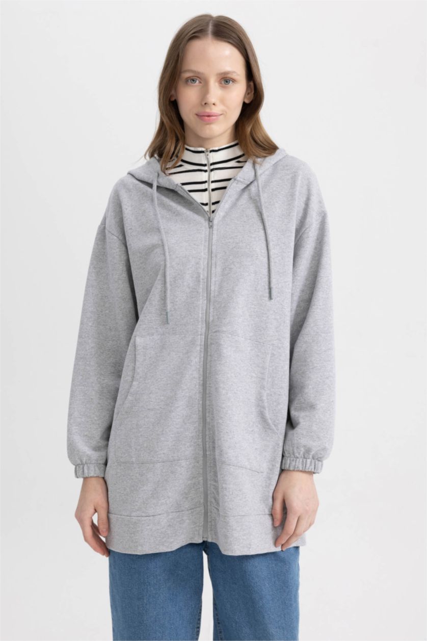 WOMAN Grey Melange Relax Fit Hooded Cardigan