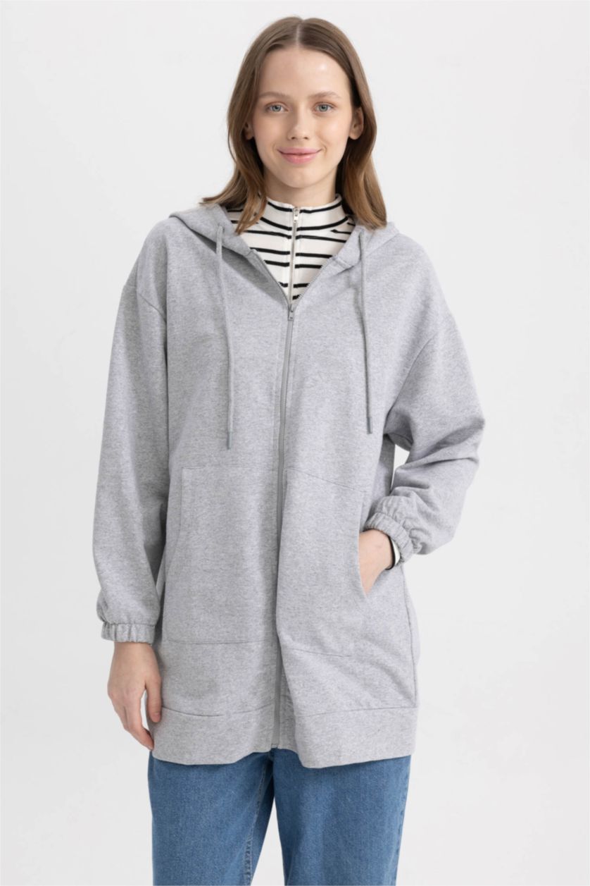 WOMAN Grey Melange Relax Fit Hooded Cardigan