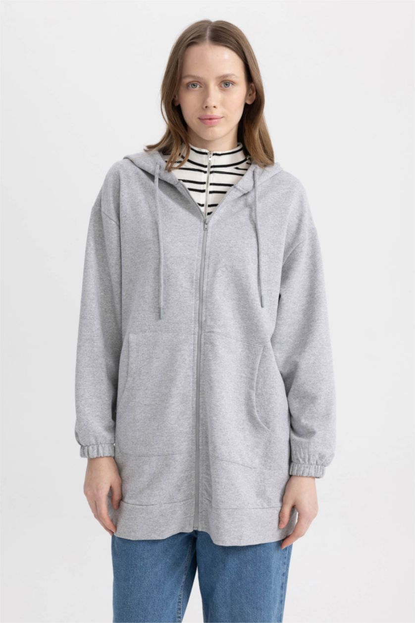 WOMAN Grey Melange Relax Fit Hooded Cardigan