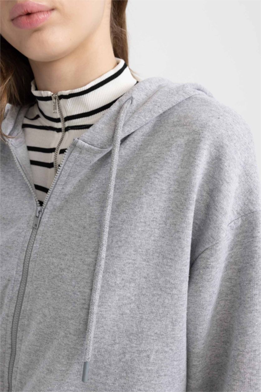 WOMAN Grey Melange Relax Fit Hooded Cardigan