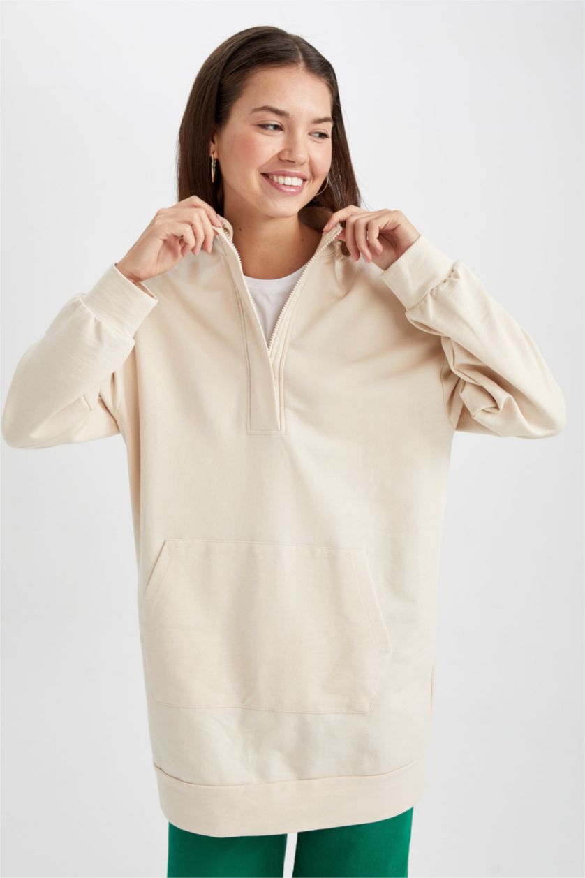 WOMAN Beige Relax Fit Stand Collar Half Zipper Basic Sweatshirt Tunic