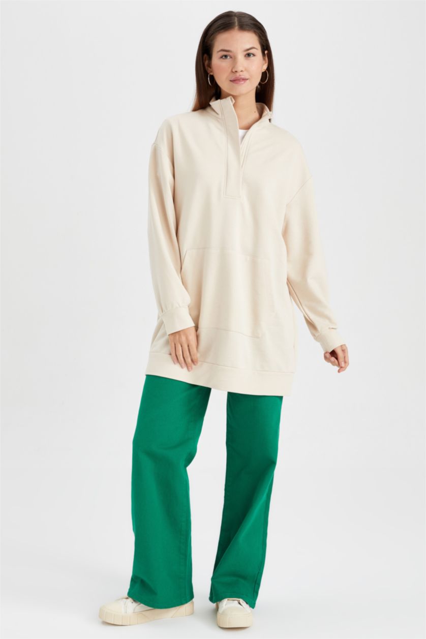 WOMAN Beige Relax Fit Stand Collar Half Zipper Basic Sweatshirt Tunic