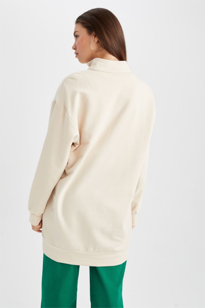 WOMAN Beige Relax Fit Stand Collar Half Zipper Basic Sweatshirt Tunic