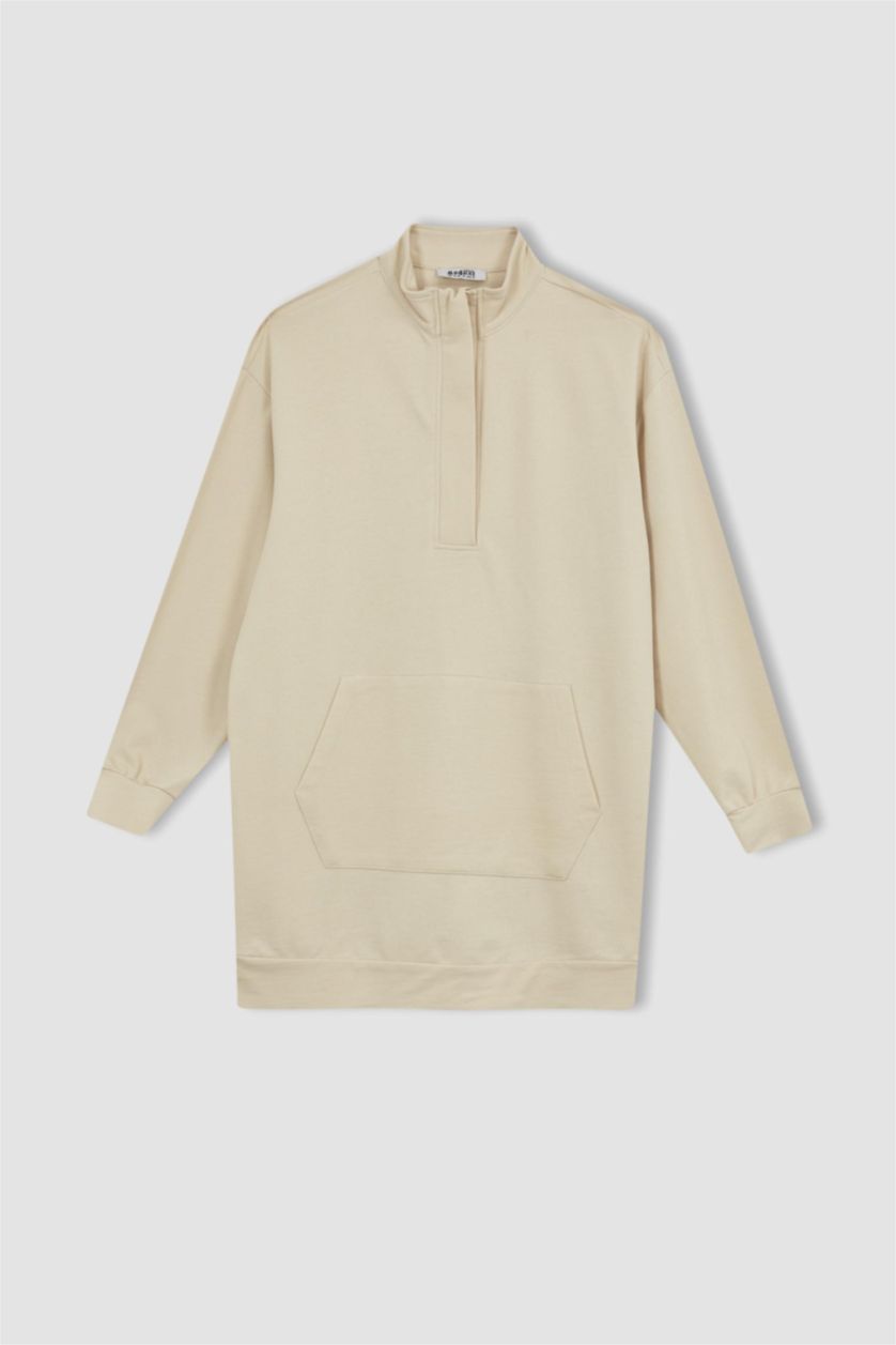 WOMAN Beige Relax Fit Stand Collar Half Zipper Basic Sweatshirt Tunic