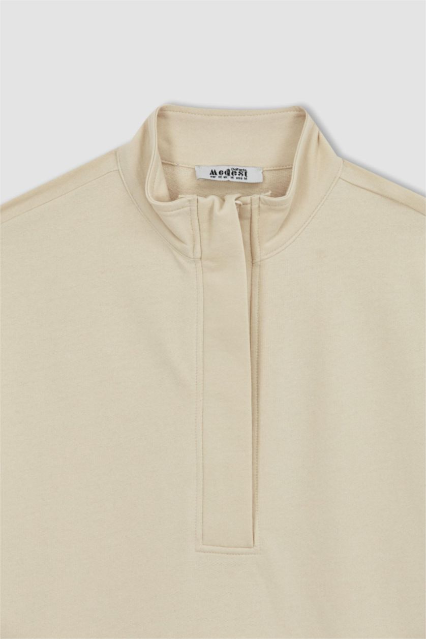 WOMAN Beige Relax Fit Stand Collar Half Zipper Basic Sweatshirt Tunic