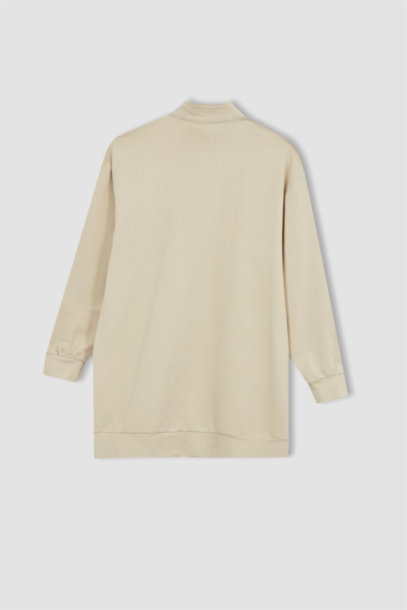 WOMAN Beige Relax Fit Stand Collar Half Zipper Basic Sweatshirt Tunic