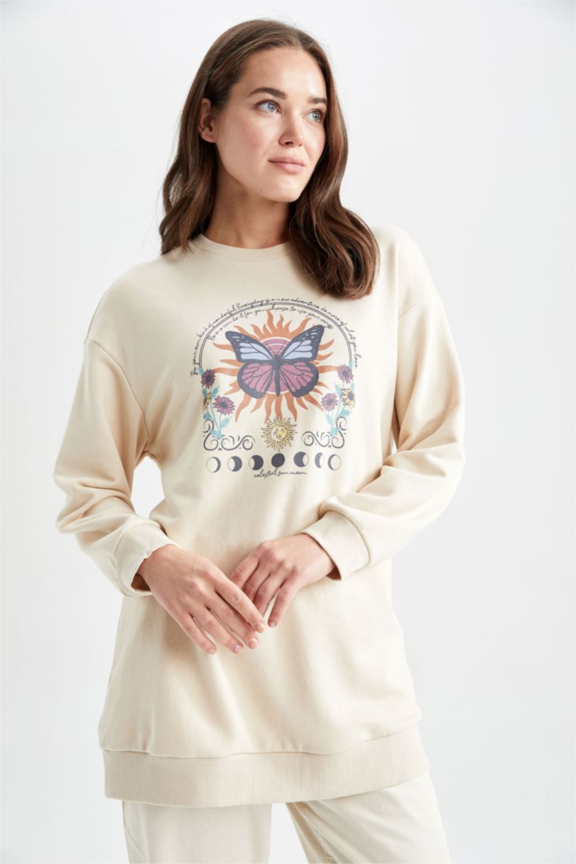 FEMME Beige Tunique Molletonnée İmprimée À Col Ras Du Cou Et Coupe Décontractée