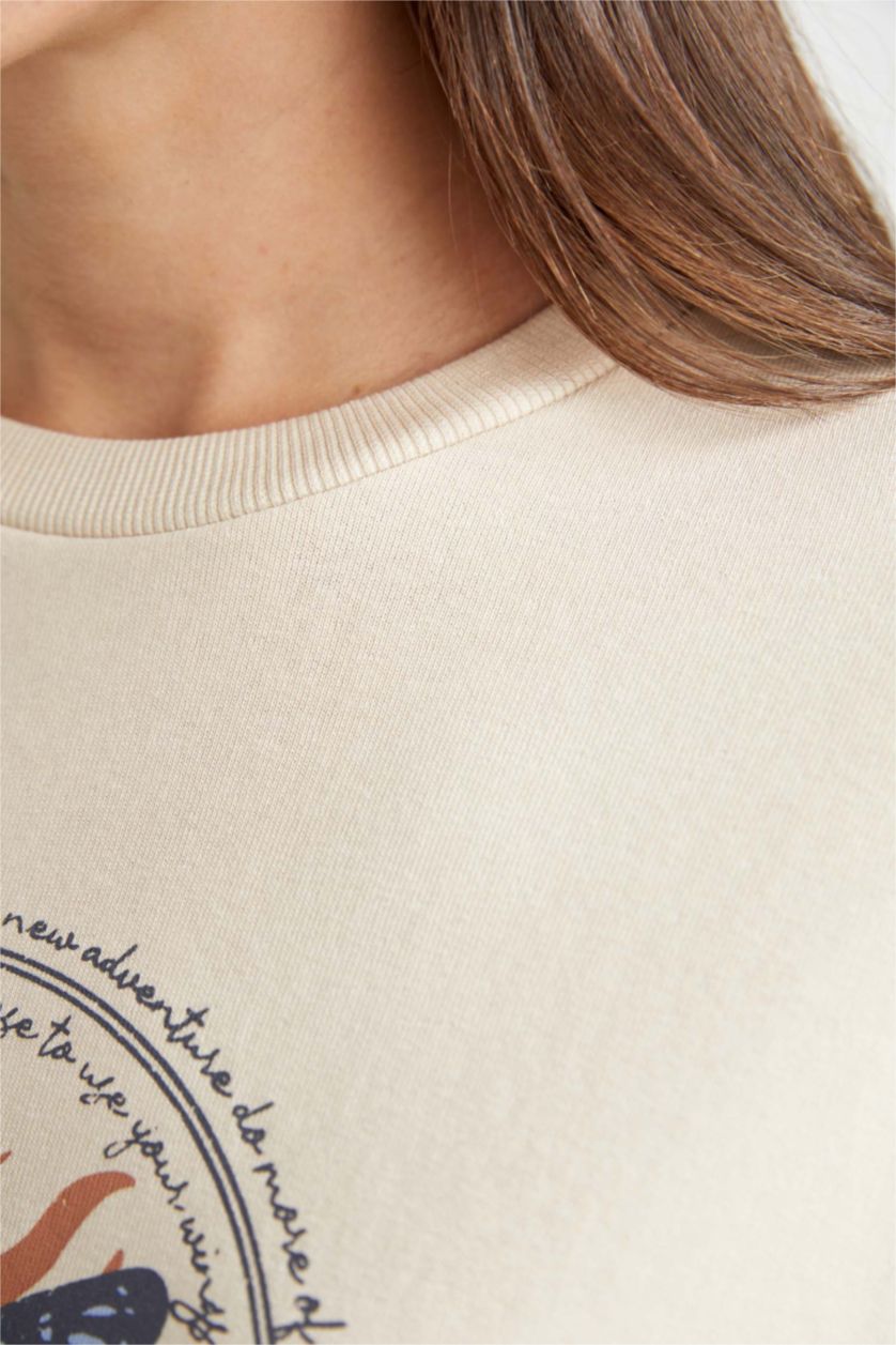 FEMME Beige Tunique Molletonnée İmprimée À Col Ras Du Cou Et Coupe Décontractée