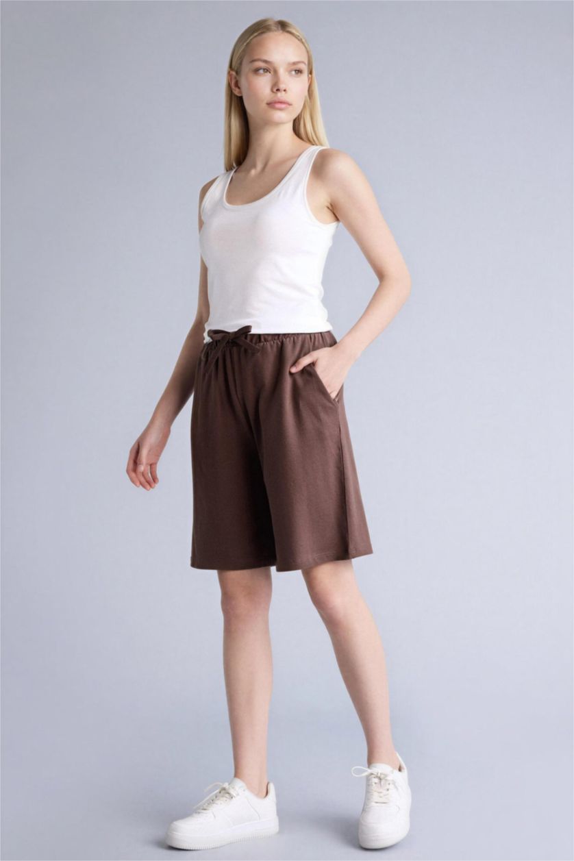 FEMME Marron Clair Pantacourt Coupe Régulière Basique Taille Normale Ourlet régulier