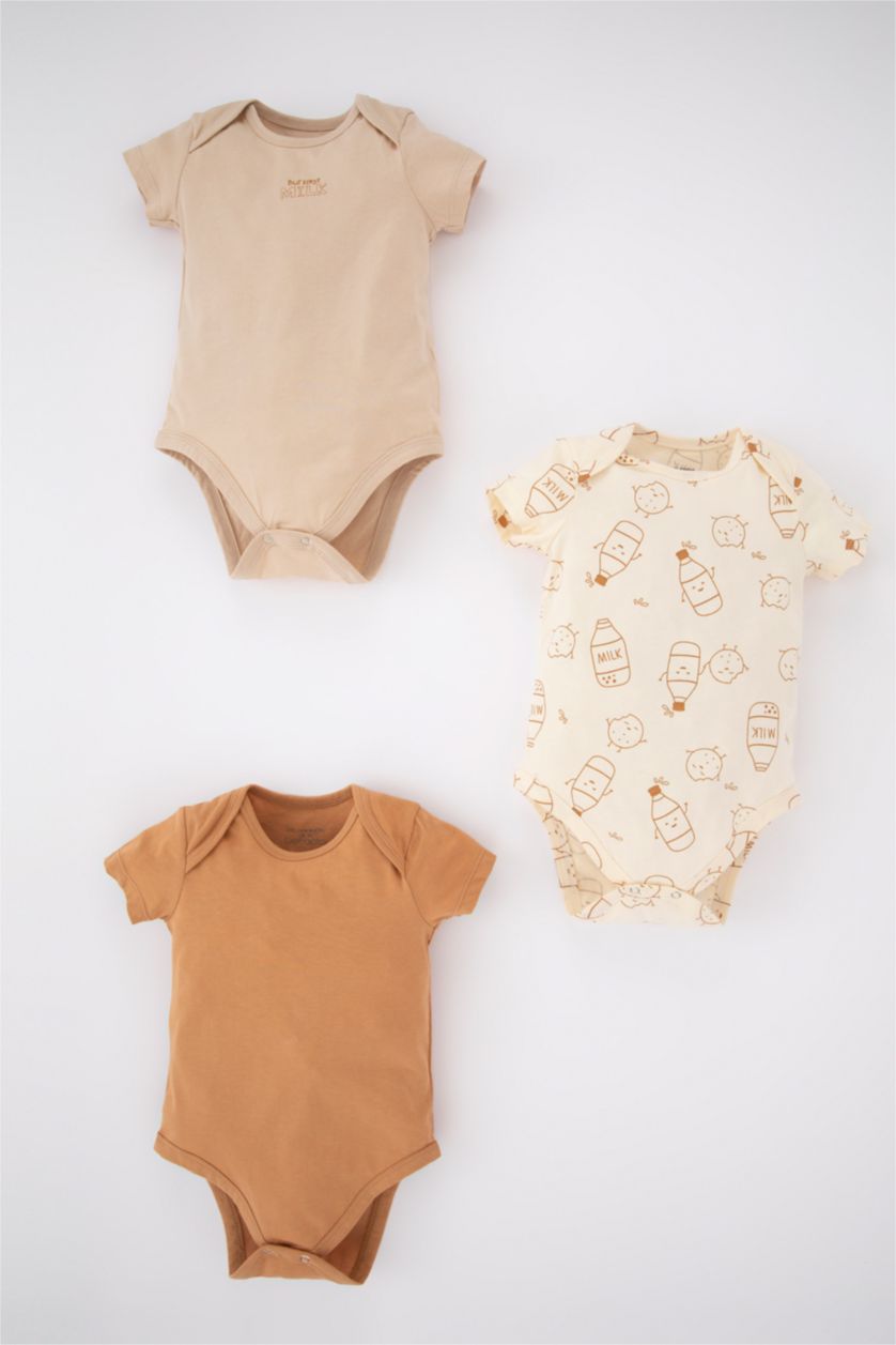 BABY GIRL Camel Baby Boy Milk Printed Combed Cotton 3 Piece Short Sleeved Snap Fastener Body