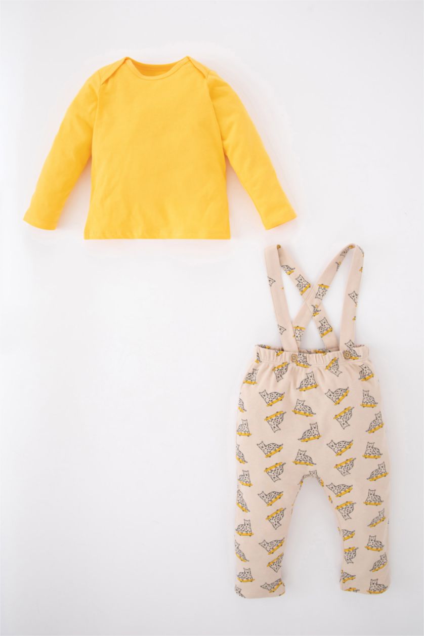 BABY GIRL Yellow Baby Boy Animal Patterned Long Sleeved T-Shirt Salopet 2-Pack Set
