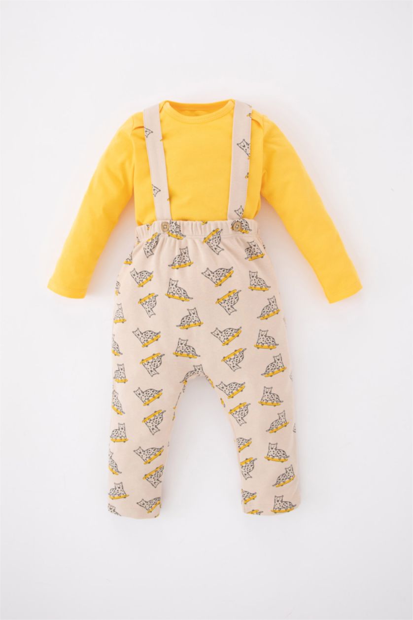 BABY GIRL Yellow Baby Boy Animal Patterned Long Sleeved T-Shirt Salopet 2-Pack Set