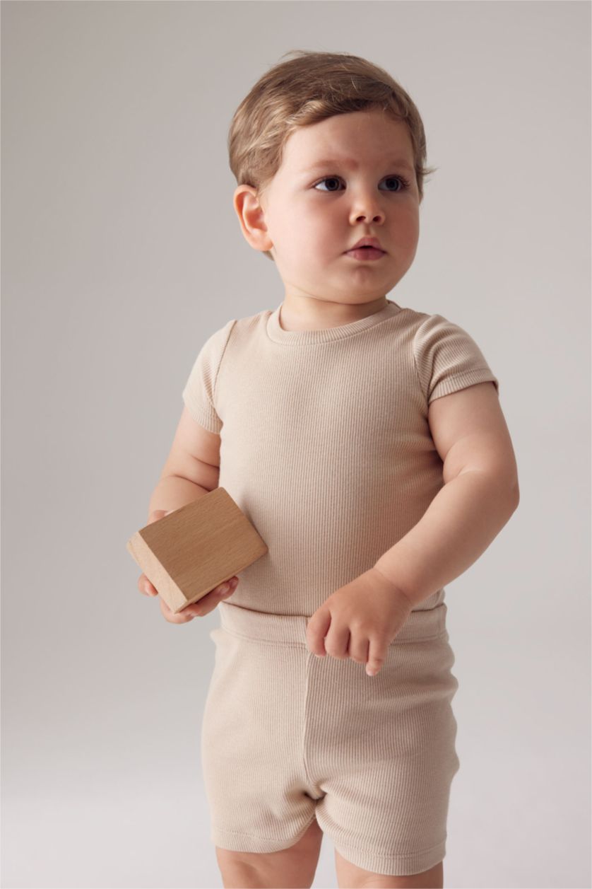 BABY GIRL Beige Baby Boy Short Sleeve Ribbed Camisole Snap Fastener Body Shorts 2-Pack