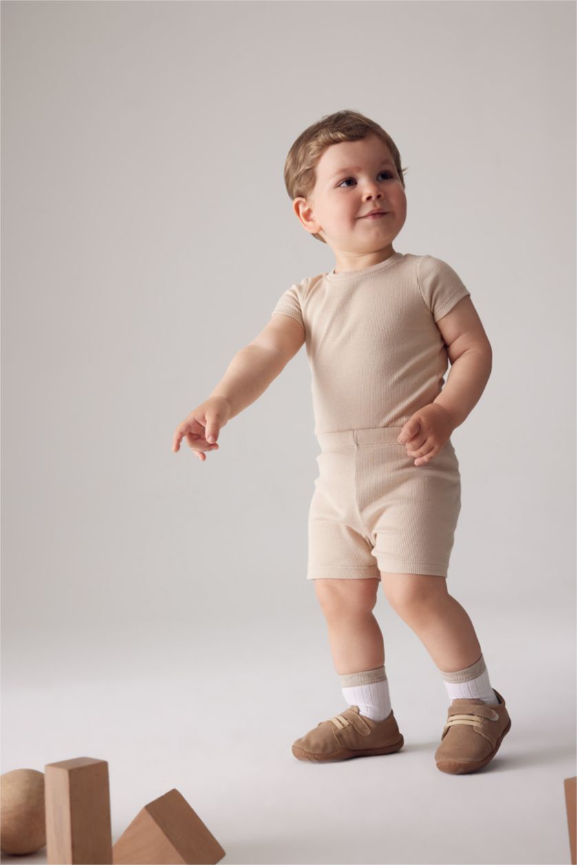 BABY GIRL Beige Baby Boy Short Sleeve Ribbed Camisole Snap Fastener Body Shorts 2-Pack