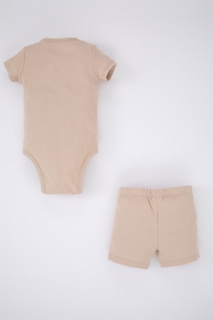 BABY GIRL Beige Baby Boy Short Sleeve Ribbed Camisole Snap Fastener Body Shorts 2-Pack