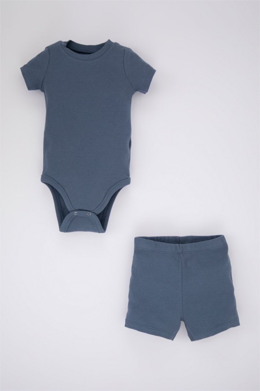 BABY BOY Light Indigo Baby Boy Short Sleeve Ribbed Camisole Snap Fastener Body Shorts 2-Pack