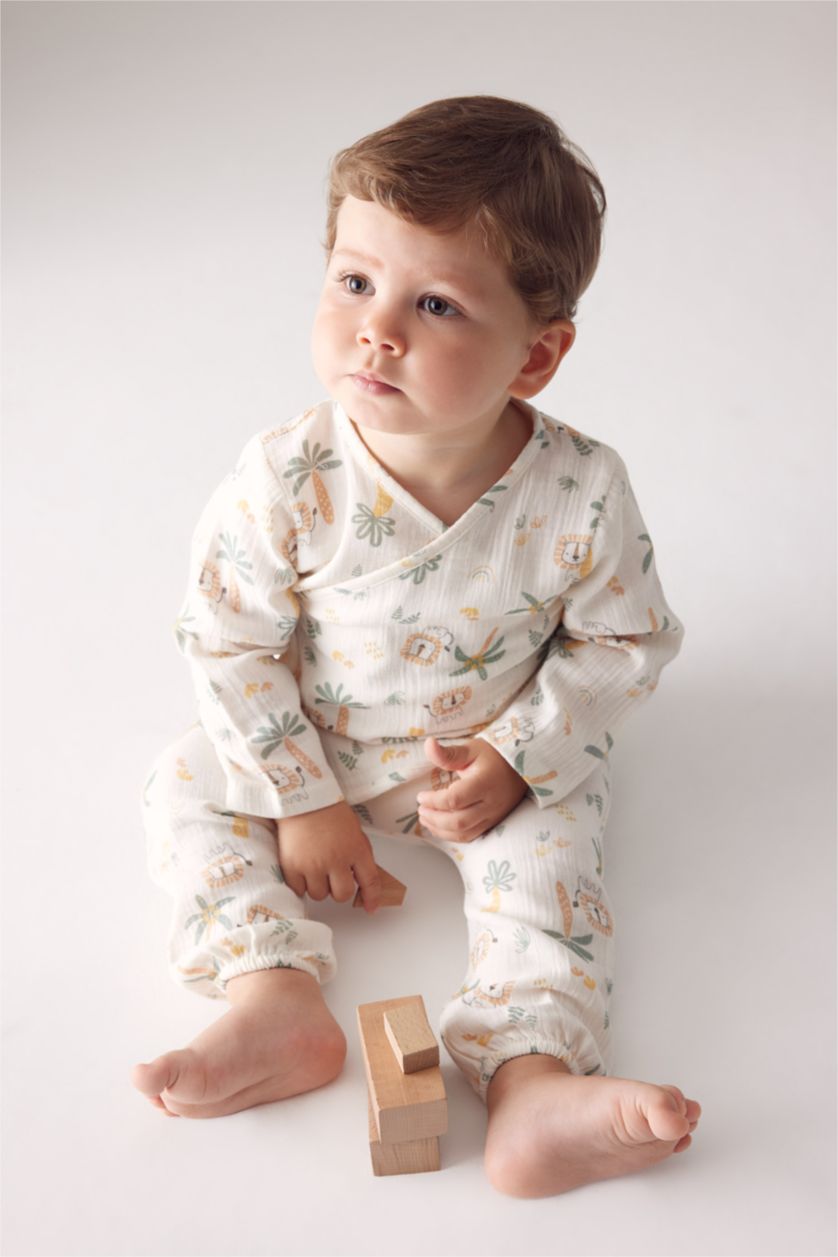 Erkek Bebek Ekru Erkek Bebek Safari Uzun Kollu Zıbın Alt Müslin 2'li Takım