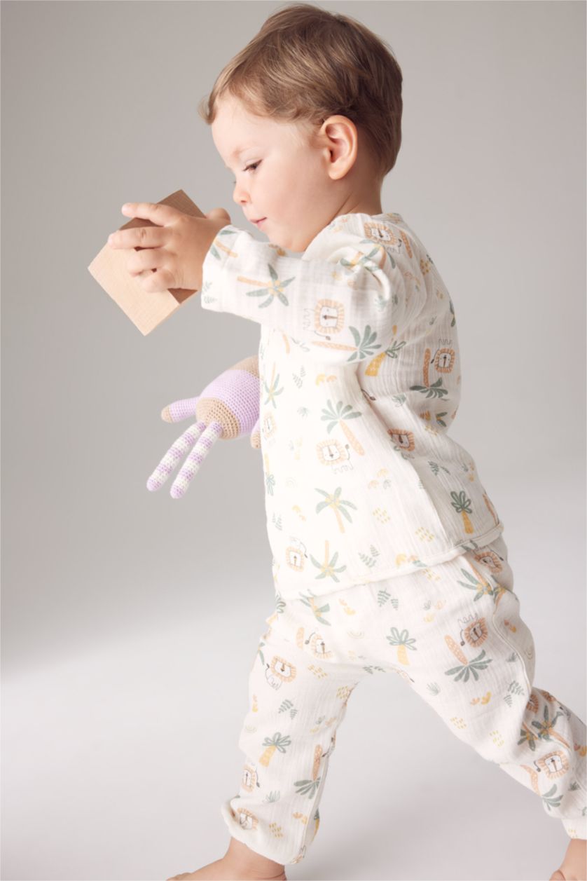 Erkek Bebek Ekru Erkek Bebek Safari Uzun Kollu Zıbın Alt Müslin 2'li Takım