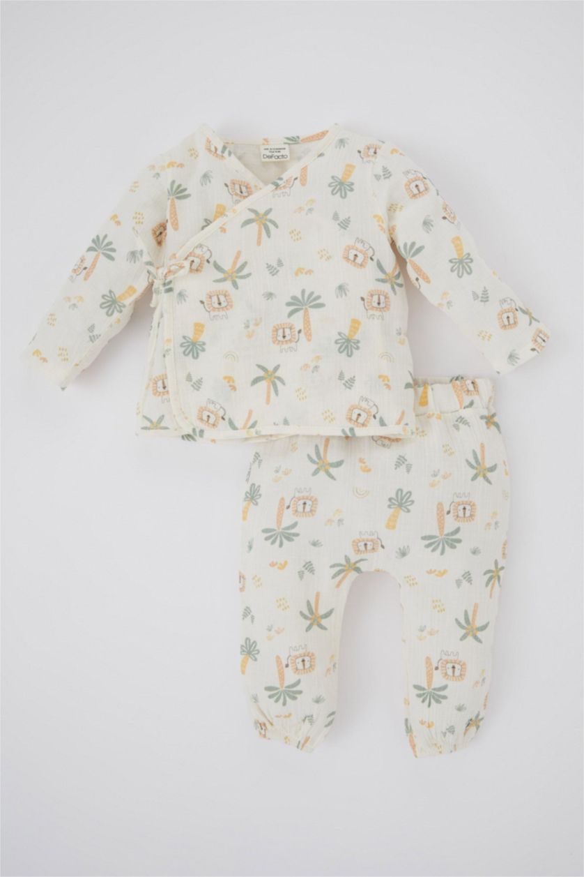 Erkek Bebek Ekru Erkek Bebek Safari Uzun Kollu Zıbın Alt Müslin 2'li Takım