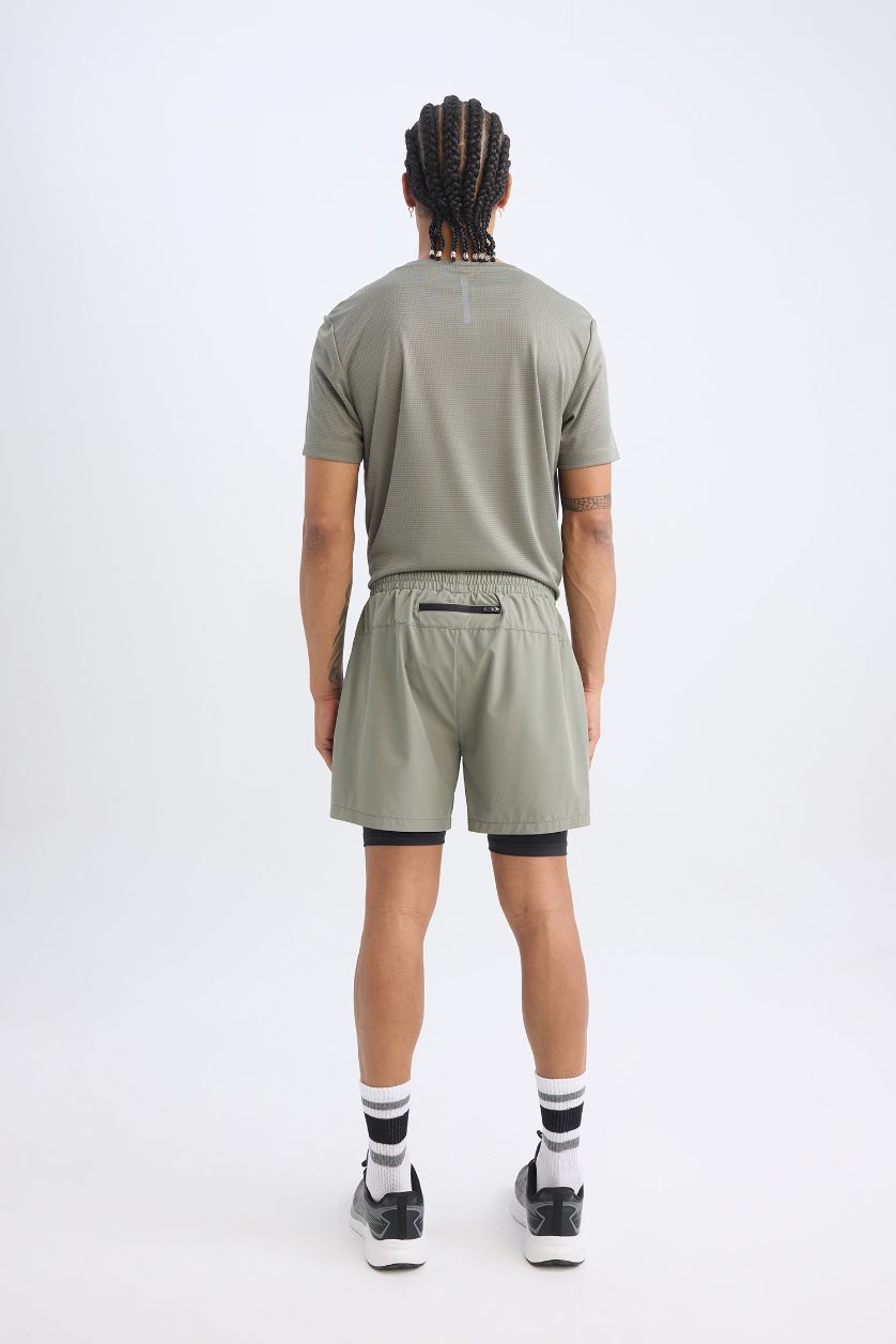 Erkek Haki Slim Fit Dar Kesim Fermuarlı Telefon Cepli Sporcu Taytlı Şort