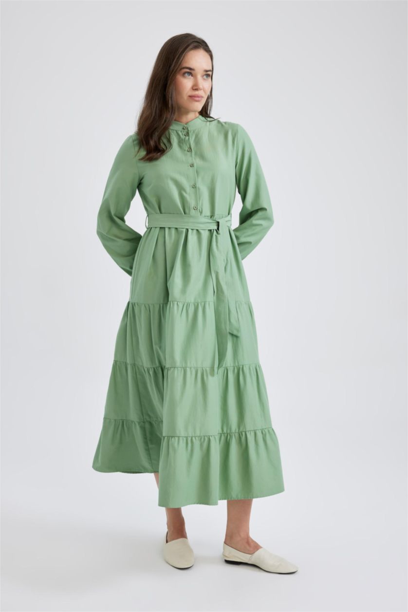 حريمي أخضر فستان ماكسي بيزك برقبة مستديرة بحزام