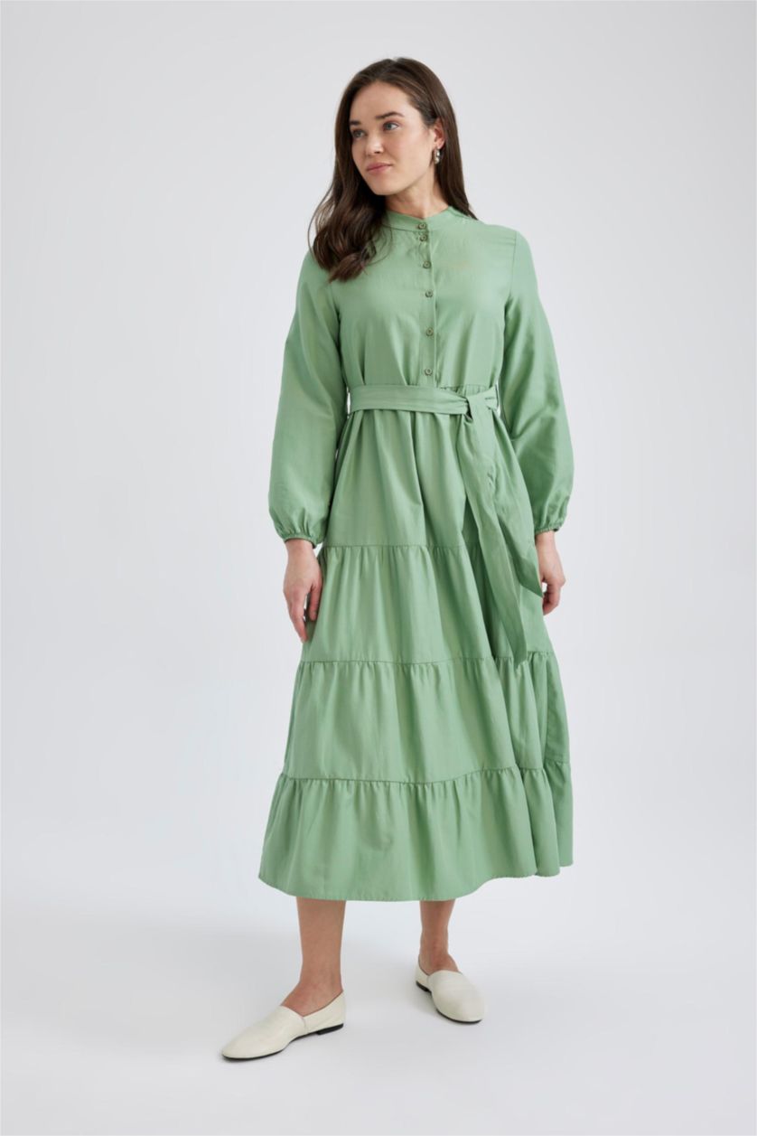 حريمي أخضر فستان ماكسي بيزك برقبة مستديرة بحزام