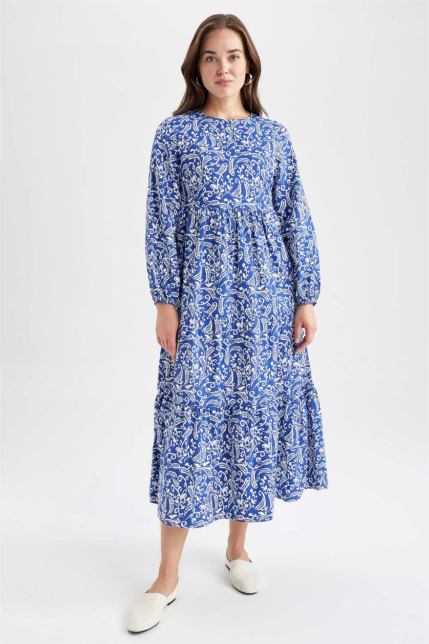 WOMAN Sax Crew Neck Floral Poplin Long Sleeve Maxi Dress
