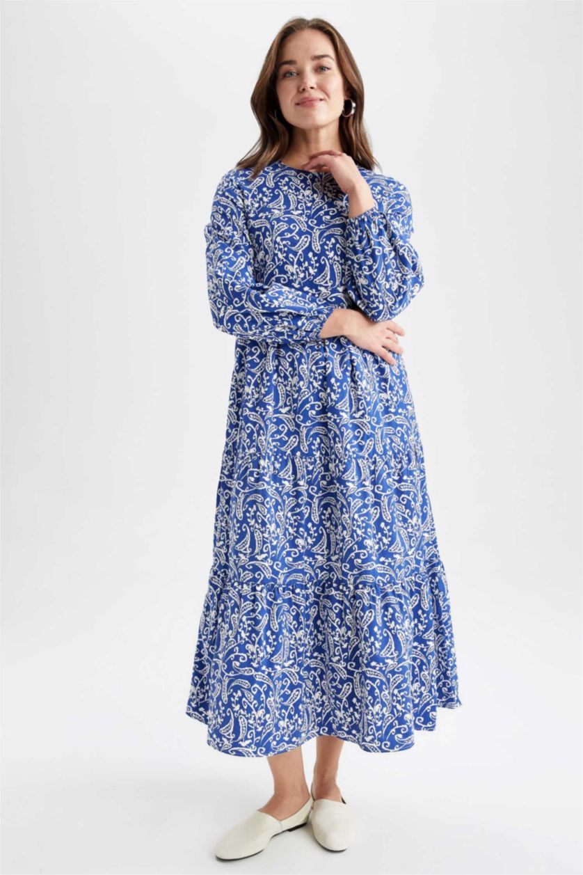 WOMAN Sax Crew Neck Floral Poplin Long Sleeve Maxi Dress