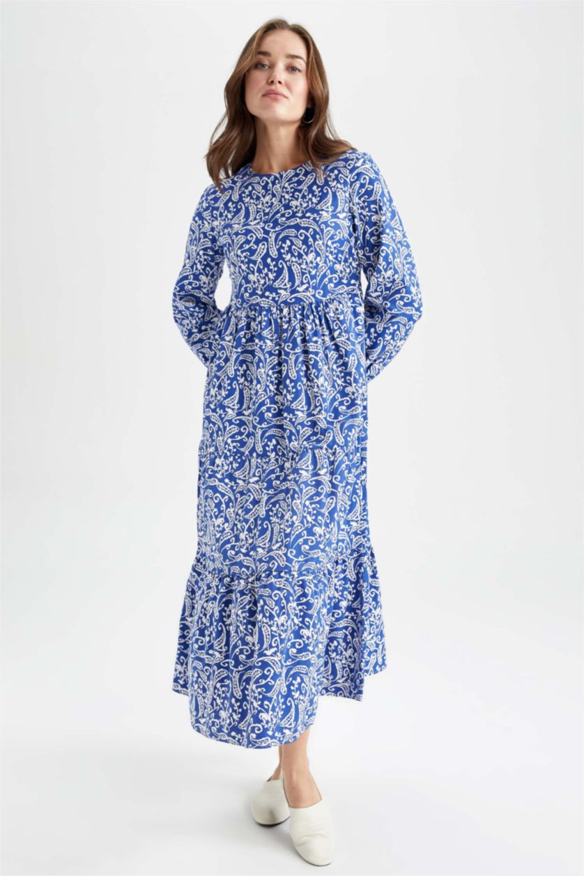 WOMAN Sax Crew Neck Floral Poplin Long Sleeve Maxi Dress
