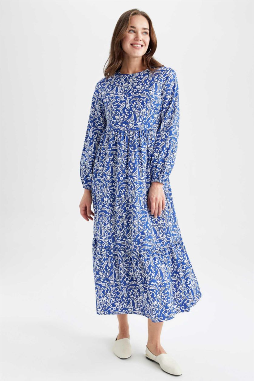 WOMAN Sax Crew Neck Floral Poplin Long Sleeve Maxi Dress