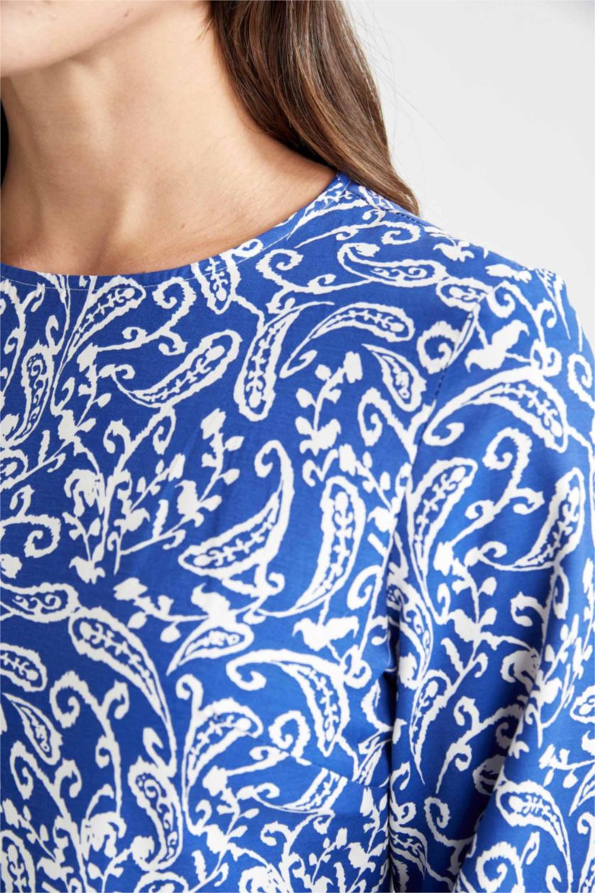 WOMAN Sax Crew Neck Floral Poplin Long Sleeve Maxi Dress