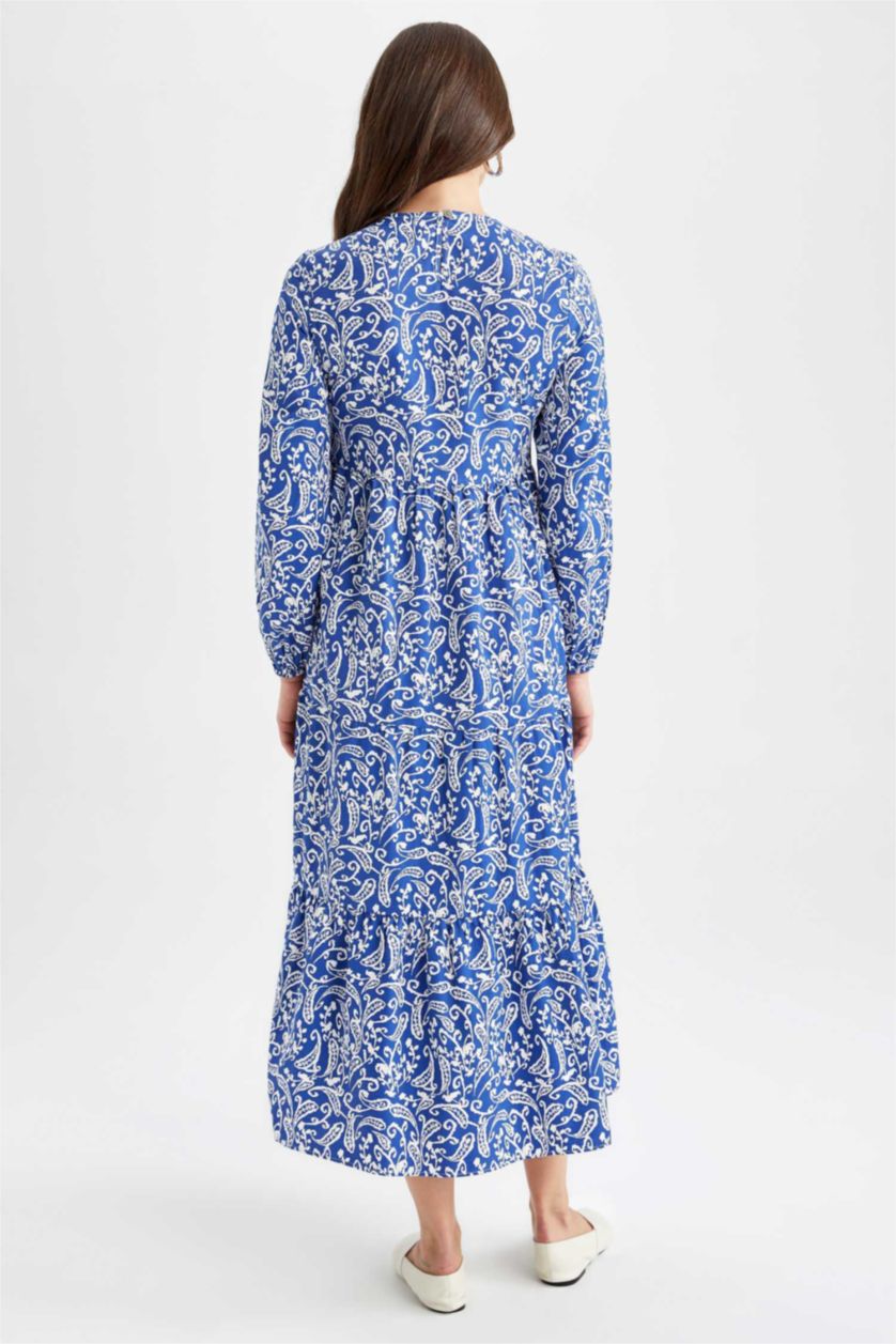 WOMAN Sax Crew Neck Floral Poplin Long Sleeve Maxi Dress