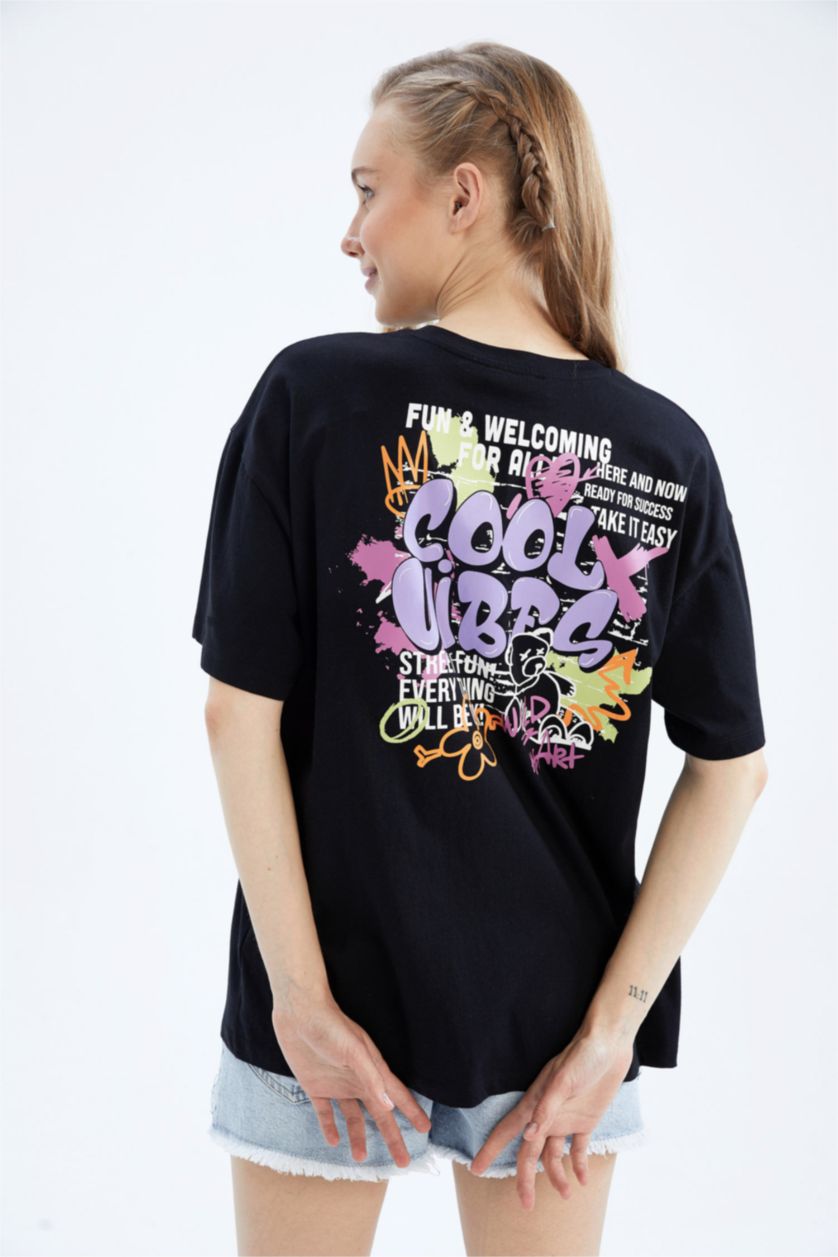 WOMAN Black Coool Oversize Fit Crew Neck Back Printed Short Sleeve T-Shirt
