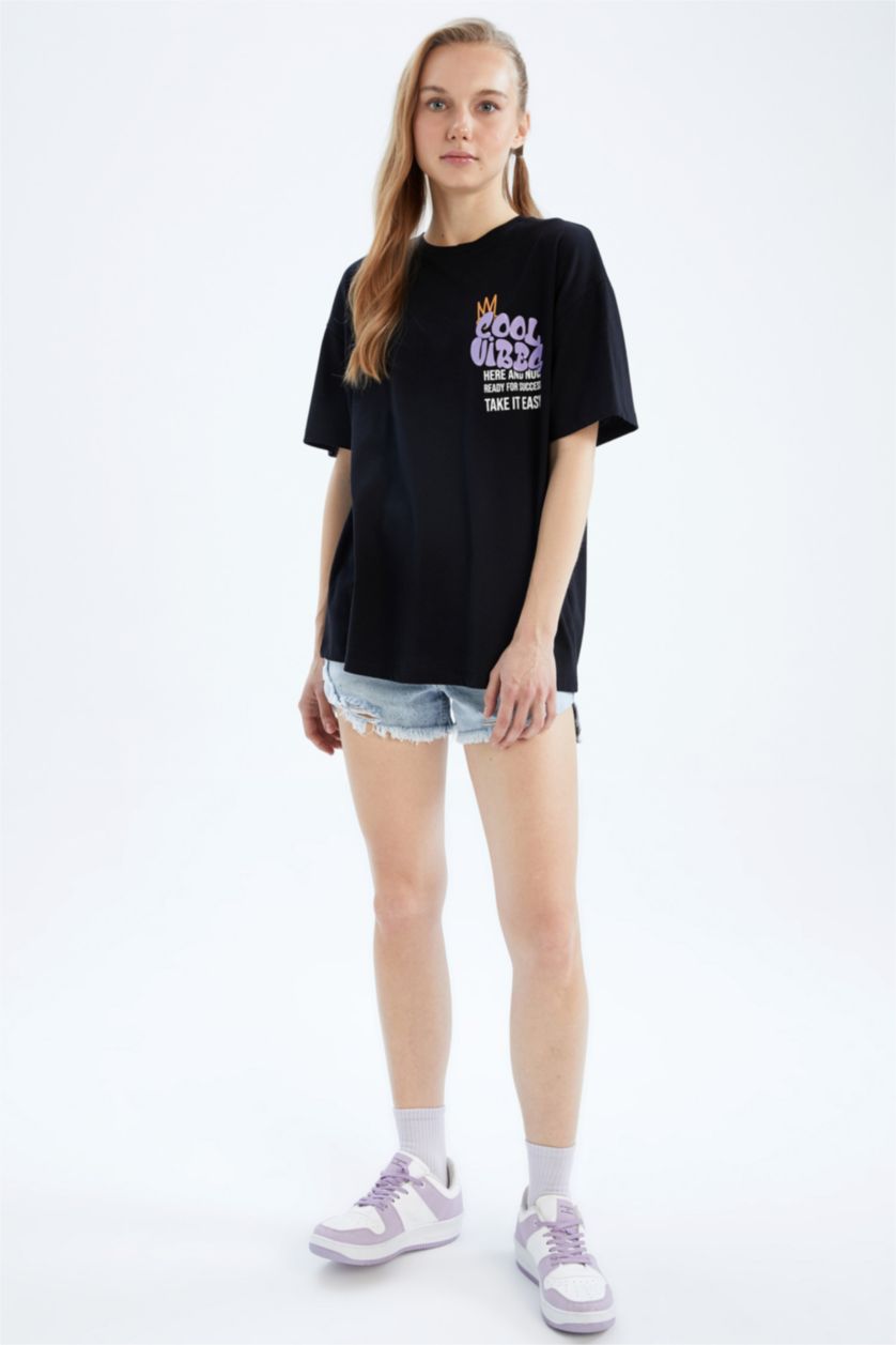 WOMAN Black Coool Oversize Fit Crew Neck Back Printed Short Sleeve T-Shirt