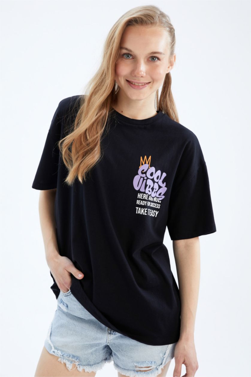 WOMAN Black Coool Oversize Fit Crew Neck Back Printed Short Sleeve T-Shirt