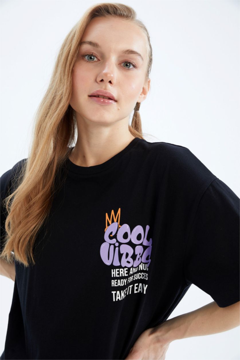 WOMAN Black Coool Oversize Fit Crew Neck Back Printed Short Sleeve T-Shirt