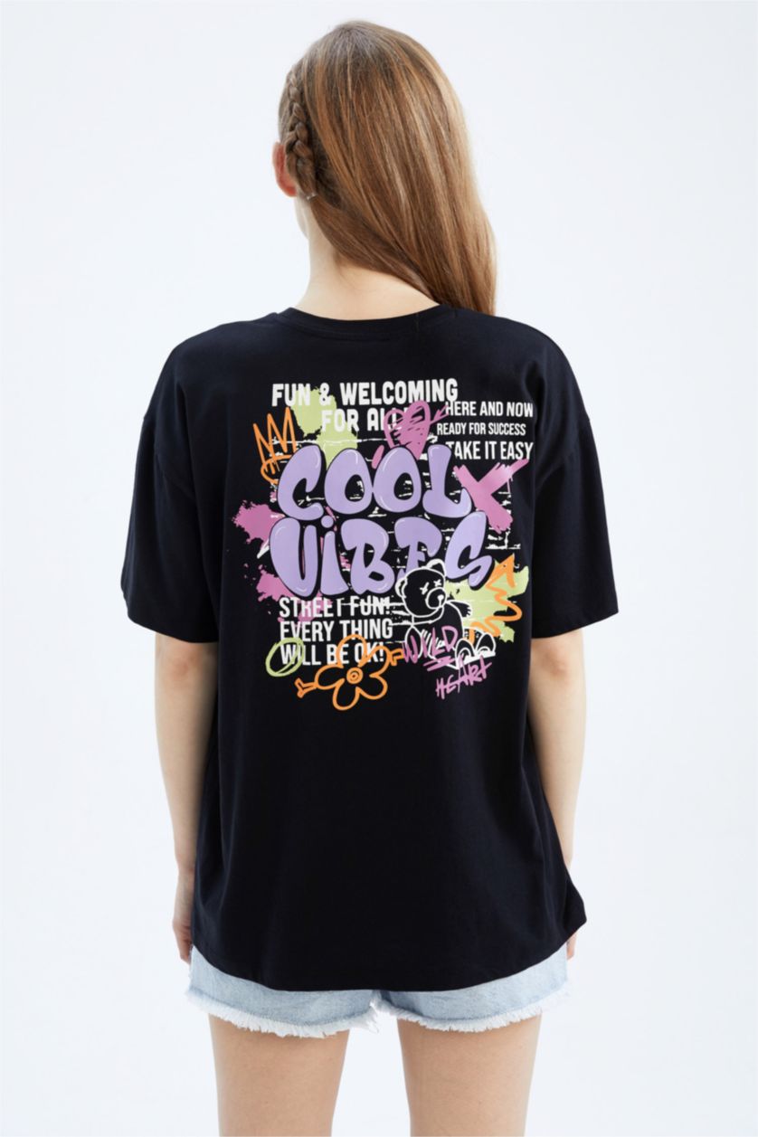 WOMAN Black Coool Oversize Fit Crew Neck Back Printed Short Sleeve T-Shirt