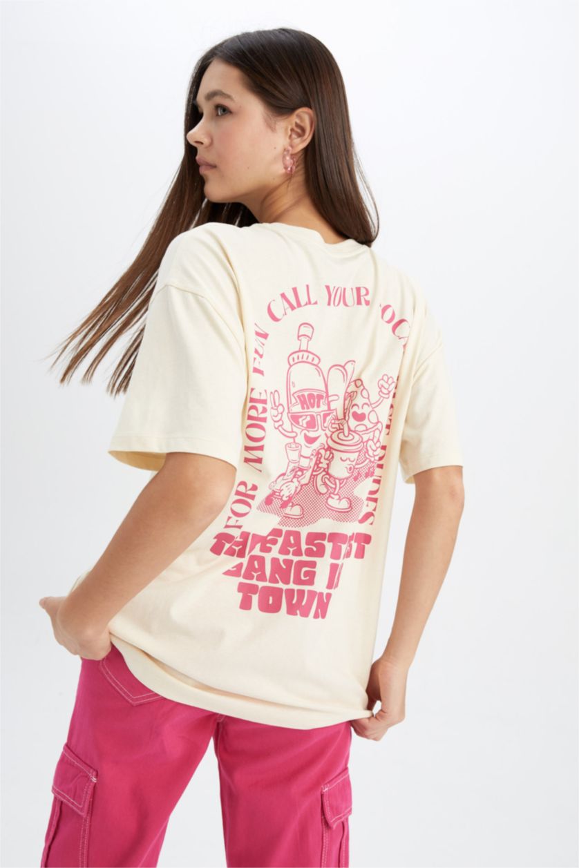 WOMAN Beige Oversize Fit Back Printed Short Sleeve Cotton T-Shirt