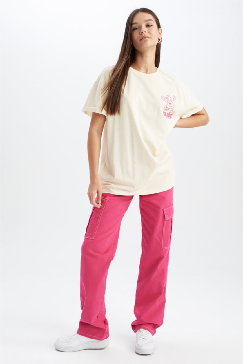 WOMAN Beige Oversize Fit Back Printed Short Sleeve Cotton T-Shirt