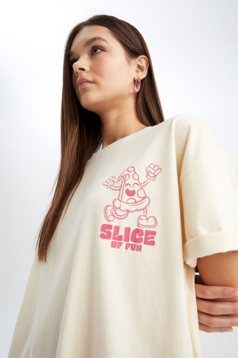 WOMAN Beige Oversize Fit Back Printed Short Sleeve Cotton T-Shirt