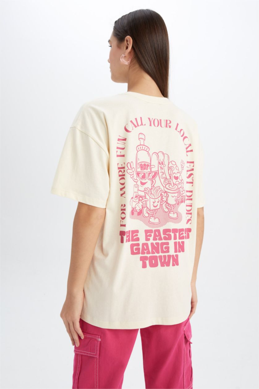 WOMAN Beige Oversize Fit Back Printed Short Sleeve Cotton T-Shirt